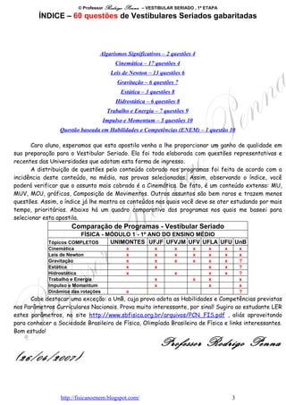 © Professor Rodrigo   Penna   – VESTIBULAR SERIADO , 1ª ETAPA

         ÍNDICE – 60 questões de Vestibulares Seriados gabaritadas



                                  Algarismos Significativos – 2 questões 4
                                         Cinemática – 17 questões 4
                                        Leis de Newton – 13 questões 6
                                          Gravitação – 6 questões 7
                                            Estática – 3 questões 8
                                          Hidrostática – 6 questões 8
                                      Trabalho e Energia – 7 questões 9
                                     Impulso e Momentum – 5 questões 10
                 Questão baseada em Habilidades e Competências (ENEM) – 1 questão 10

       Caro aluno, esperamos que esta apostila venha a lhe proporcionar um ganho de qualidade em
sua preparação para o Vestibular Seriado. Ela foi toda elaborada com questões representativas e
recentes das Universidades que adotam esta forma de ingresso.
       A distribuição de questões pelo conteúdo cobrado nos programas foi feita de acordo com a
incidência deste conteúdo, na média, nas provas selecionadas. Assim, observando o índice, você
poderá verificar que o assunto mais cobrado é a Cinemática. De fato, é um conteúdo extenso: MU,
MUV, MCU, gráficos, Composição de Movimentos. Outros assuntos são bem raros e trazem menos
questões. Assim, o índice já lhe mostra os conteúdos nos quais você deve se ater estudando por mais
tempo, prioritários. Abaixo há um quadro comparativo dos programas nos quais me baseei para
selecionar esta apostila.
                      Comparação de Programas - Vestibular Seriado
                         FÍSICA - MÓDULO 1 - 1º ANO DO ENSINO MÉDIO
             Tópicos COMPLETOS     UNIMONTES UFJF UFVJM UFV UFLA UFU UnB
             Cinemática                        x            x       x      x      x      x       x
             Leis de Newton                    x            x       x      x      x      x       x
             Gravitação                        x            x       x      x      x      x       ?
             Estática                          x            x                     x      x       ?
             Hidrostática                      x                    x             x      x       ?
             Trabalho e Energia                             x              x      x              x
             Impulso e Momentum                             x                     x              x
             Dinâmica das rotações             x                                                 ?
      Cabe destacar uma exceção: a UnB, cuja prova adota as Habilidades e Competências previstas
nos Parâmetros Curriculares Nacionais. Prova muito interessante, por sinal! Sugiro ao estudante LER
estes parâmetros, no site http://www.sbfisica.org.br/arquivos/PCN_FIS.pdf , aliás aproveitando
para conhecer a Sociedade Brasileira de Física, Olimpíada Brasileira de Física e links interessantes.
Bom estudo!

                                                                P rofessor Rodrigo Penna
(26/04/2007)

                 http://fisicanoenem.blogspot.com/                                           3
 