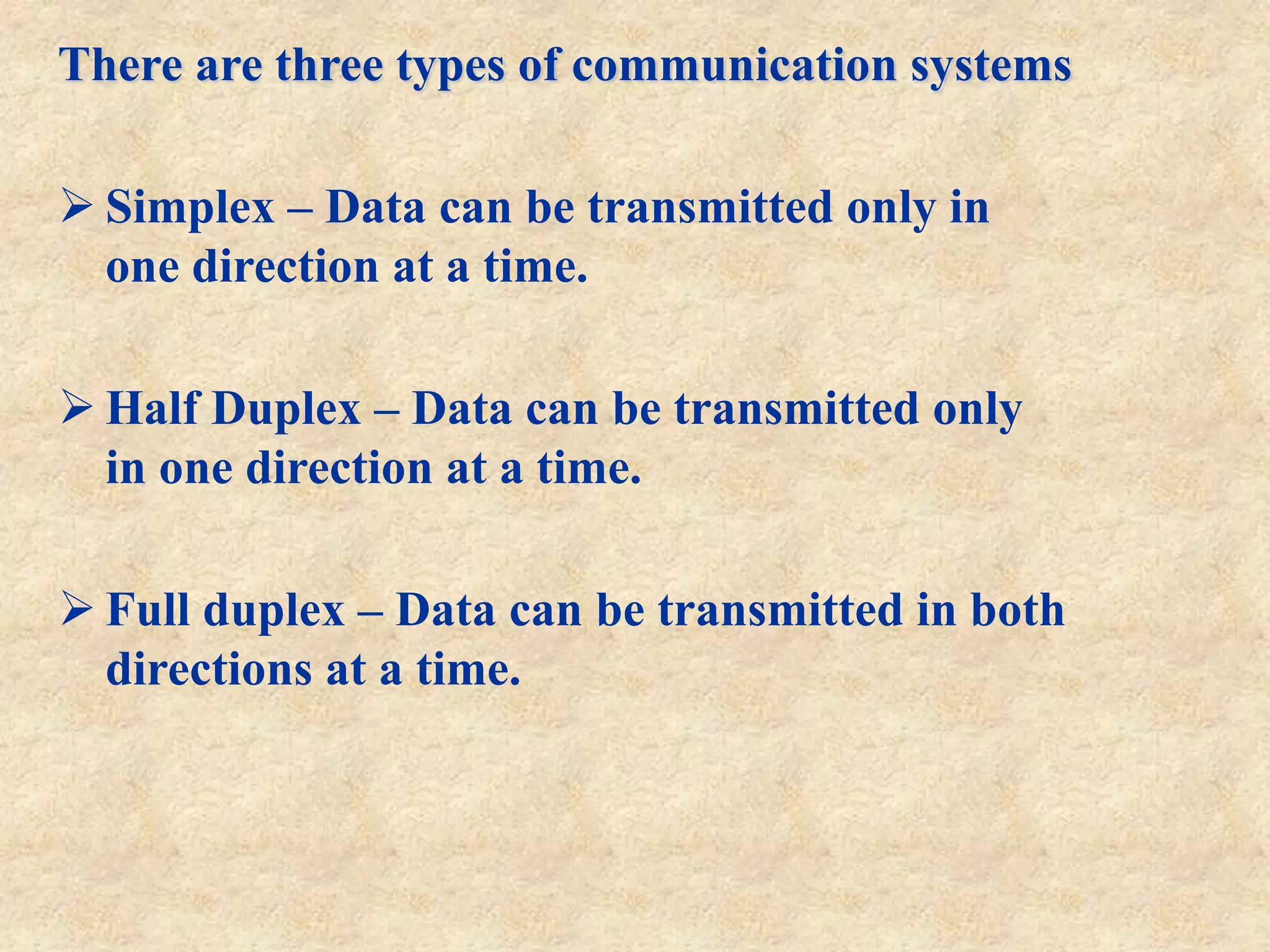There are three types of communication systems
 Simplex – Data can be transmitted only in
one direction at a time.
 Half Duplex – Data can be transmitted only
in one direction at a time.
 Full duplex – Data can be transmitted in both
directions at a time.
 