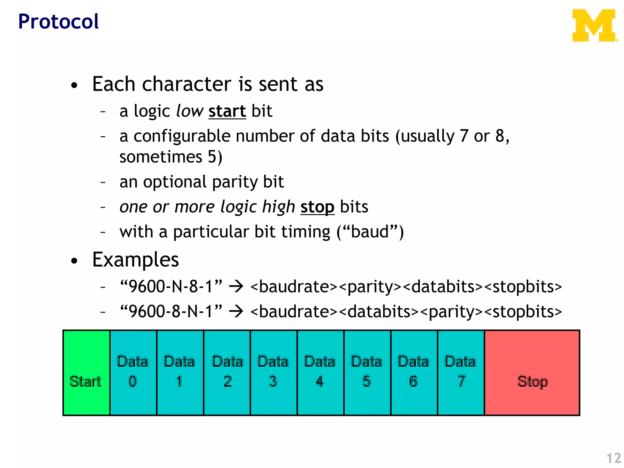 Protocol
• Each character is sent as
– a logic low start bit
– a configurable number of data bits (usually 7 or 8,
sometimes 5)
– an optional parity bit
– one or more logic high stop bits
– with a particular bit timing (“baud”)
• Examples
– “9600-N-8-1”  <baudrate><parity><databits><stopbits>
– “9600-8-N-1”  <baudrate><databits><parity><stopbits>
12
 