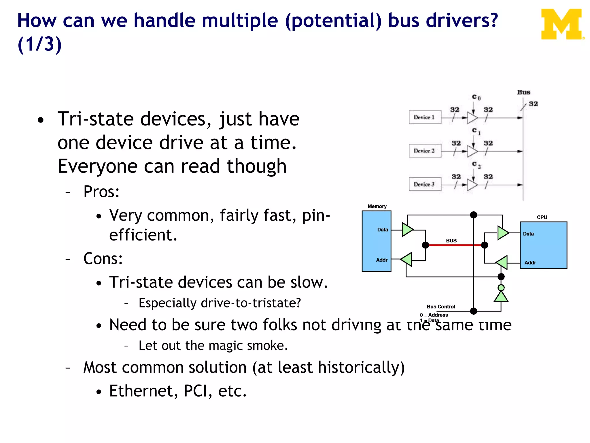 How can we handle multiple (potential) bus drivers?
(1/3)
• Tri-state devices, just have
one device drive at a time.
Everyone can read though
– Pros:
• Very common, fairly fast, pin-
efficient.
– Cons:
• Tri-state devices can be slow.
– Especially drive-to-tristate?
• Need to be sure two folks not driving at the same time
– Let out the magic smoke.
– Most common solution (at least historically)
• Ethernet, PCI, etc.
 
