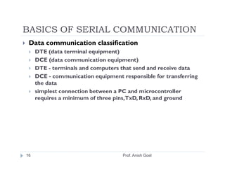 BASICS OF SERIAL COMMUNICATION
 Data communication classification
     DTE (data terminal equipment)
     DCE (data communication equipment)
     DTE - terminals and computers that send and receive data
     DCE - communication equipment responsible for transferring
     the data
     simplest connection between a PC and microcontroller
     requires a minimum of three pins,TxD, RxD, and ground




16                                  Prof. Anish Goel
 