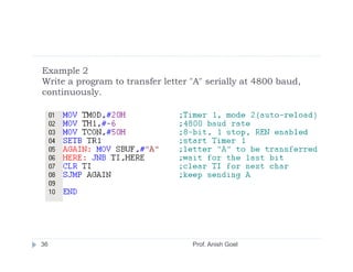 Example 2
Write a program to transfer letter "A" serially at 4800 baud,
continuously.




36                                 Prof. Anish Goel
 