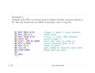 Example 4
 Program the 8051 to receive bytes of data serially, and put them in
 P1. Set the baud rate at 4800, 8-bit data, and 1 stop bit.




40                                    Prof. Anish Goel
 