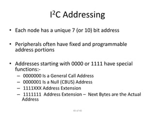 40 of 40
I2C Addressing
• Each node has a unique 7 (or 10) bit address
• Peripherals often have fixed and programmable
address portions
• Addresses starting with 0000 or 1111 have special
functions:-
– 0000000 Is a General Call Address
– 0000001 Is a Null (CBUS) Address
– 1111XXX Address Extension
– 1111111 Address Extension – Next Bytes are the Actual
Address
 