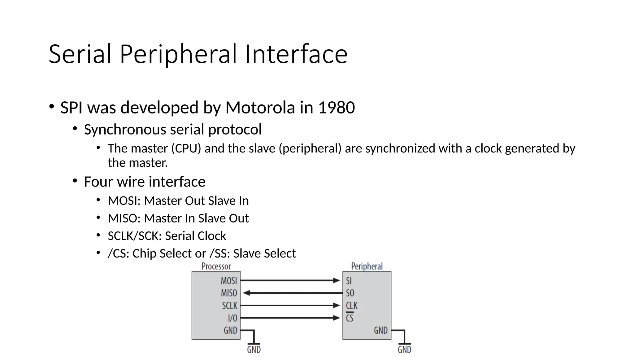 Serial Peripheral Interface
• SPI was developed by Motorola in 1980
• Synchronous serial protocol
• The master (CPU) and the slave (peripheral) are synchronized with a clock generated by
the master.
• Four wire interface
• MOSI: Master Out Slave In
• MISO: Master In Slave Out
• SCLK/SCK: Serial Clock
• /CS: Chip Select or /SS: Slave Select
 