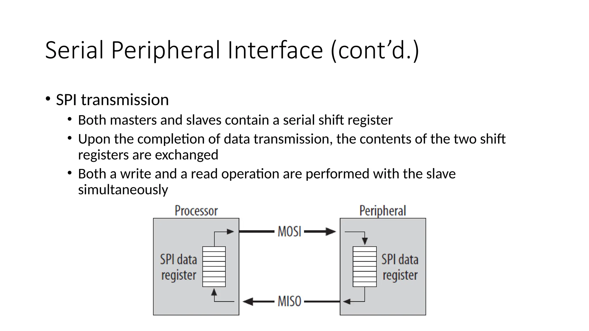 Serial Peripheral Interface (cont’d.)
• SPI transmission
• Both masters and slaves contain a serial shift register
• Upon the completion of data transmission, the contents of the two shift
registers are exchanged
• Both a write and a read operation are performed with the slave
simultaneously
 