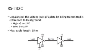 RS-232C
• Unbalanced: the voltage level of a data bit being transmitted is
referenced to local ground.
• High: -5 to -15 V
• Low: 5 to 15 V
• Max. cable length: 15 m
 