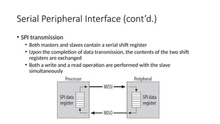 Serial Peripheral Interface (cont’d.)
• SPI transmission
• Both masters and slaves contain a serial shift register
• Upon the completion of data transmission, the contents of the two shift
registers are exchanged
• Both a write and a read operation are performed with the slave
simultaneously
 