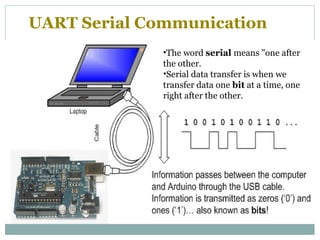 UART Serial Communication
•The wordserialmeans "one after
the other.
•Serial data transfer is when we
transfer data onebitat a time, one
right after the other.
 