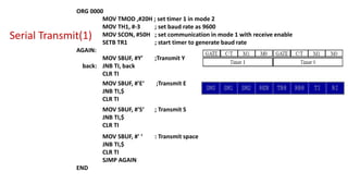 Serial Transmit(1)
ORG 0000
MOV TMOD ,#20H ; set timer 1 in mode 2
MOV TH1, #-3 ; set baud rate as 9600
MOV SCON, #50H ; set communication in mode 1 with receive enable
SETB TR1 ; start timer to generate baud rate
AGAIN:
MOV SBUF, #Y’ ;Transmit Y
back: JNB TI, back
CLR TI
MOV SBUF, #'E‘ ;Transmit E
JNB TI,$
CLR TI
MOV SBUF, #'S‘ ; Transmit S
JNB TI,$
CLR TI
MOV SBUF, #' ‘ : Transmit space
JNB TI,$
CLR TI
SJMP AGAIN
END
 