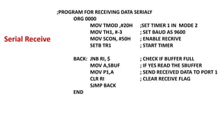 ;PROGRAM FOR RECEIVING DATA SERIALY
ORG 0000
MOV TMOD ,#20H ;SET TIMER 1 IN MODE 2
MOV TH1, #-3 ; SET BAUD AS 9600
MOV SCON, #50H ; ENABLE RECRIVE
SETB TR1 ; START TIMER
BACK: JNB RI, $ ; CHECK IF BUFFER FULL
MOV A,SBUF ; IF YES READ THE SBUFFER
MOV P1,A ; SEND RECEIVED DATA TO PORT 1
CLR RI ; CLEAR RECEIVE FLAG
SJMP BACK
END
Serial Receive
 