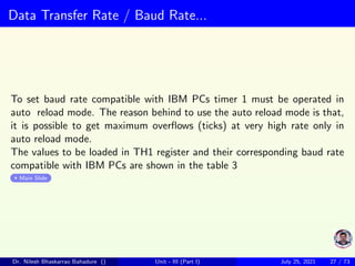 Data Transfer Rate / Baud Rate...
To set baud rate compatible with IBM PCs timer 1 must be operated in
auto reload mode. The reason behind to use the auto reload mode is that,
it is possible to get maximum overflows (ticks) at very high rate only in
auto reload mode.
The values to be loaded in TH1 register and their corresponding baud rate
compatible with IBM PCs are shown in the table 3
Main Slide
Dr. Nilesh Bhaskarrao Bahadure () Unit - III (Part I) July 25, 2021 27 / 73
 