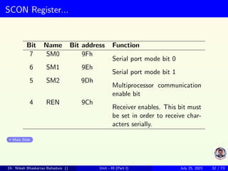 SCON Register...
Bit Name Bit address Function
7 SM0 9Fh
Serial port mode bit 0
6 SM1 9Eh
Serial port mode bit 1
5 SM2 9Dh
Multiprocessor communication
enable bit
4 REN 9Ch
Receiver enables. This bit must
be set in order to receive char-
acters serially.
Main Slide
Dr. Nilesh Bhaskarrao Bahadure () Unit - III (Part I) July 25, 2021 32 / 73
 