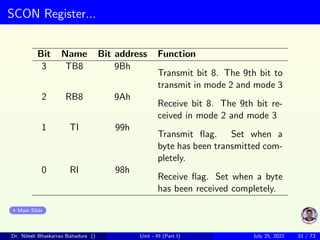 SCON Register...
Bit Name Bit address Function
3 TB8 9Bh
Transmit bit 8. The 9th bit to
transmit in mode 2 and mode 3
2 RB8 9Ah
Receive bit 8. The 9th bit re-
ceived in mode 2 and mode 3
1 TI 99h
Transmit flag. Set when a
byte has been transmitted com-
pletely.
0 RI 98h
Receive flag. Set when a byte
has been received completely.
Main Slide
Dr. Nilesh Bhaskarrao Bahadure () Unit - III (Part I) July 25, 2021 33 / 73
 