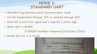 MODE 1:
STANDARD UART
• Standard asynchronous serial communication mode
• 10 bits transmitted through TXD or received through RXD
• Start bit is active low signal and a stop bit is active high
• Baud rate is variable
2^SMOD*oscillator frequency(12*(256-(TH1))
• SMOD bit 0 or 1 in PCON
 