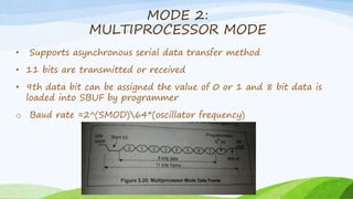 MODE 2:
MULTIPROCESSOR MODE
• Supports asynchronous serial data transfer method
• 11 bits are transmitted or received
• 9th data bit can be assigned the value of 0 or 1 and 8 bit data is
loaded into SBUF by programmer
o Baud rate =2^(SMOD)64*(oscillator frequency)
 