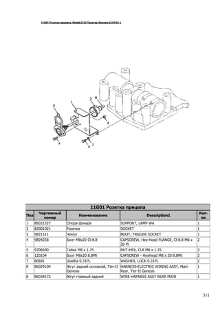 311
11G01 Розетка прицепа
Поз
Чертежный
номер
Наименование Description1
Кол-
во
1 86021327 Опора фонаря SUPPORT, LAMP WA 1
2 82001021 Розетка SOCKET 1
3 9821511 Чехол BOOT, TRAILER SOCKET 1
4 9804258 Болт M8x20 Cl-8.8 CAPSCREW, Hex-Head FLANGE, Cl-8.8 M8 x
20 Pl
2
5 9706690 Гайка M8 x 1.25 NUT-HEX, CL8 M8 x 1.25 2
6 120104 Болт M8х20 8.8Plt CAPSCREW - HexHead M8 x 20 8.8Plt 2
7 80681 Шайба 0.31PL WASHER, LOCK 0.31PL 2
8 86029104 Жгут задний основной, Tier-II
Genesis
HARNESS-ELECTRIC WIRING ASSY, Main
Rear, Tier-II Genesis
1
8 86034172 Жгут главный задний WIRE HARNESS ASSY REAR MAIN 1
 
