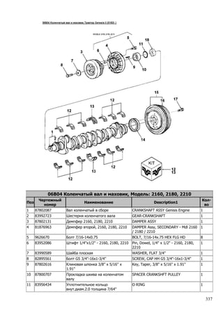 337
06B04 Коленчатый вал и маховик, Модель: 2160, 2180, 2210
Поз
Чертежный
номер
Наименование Description1
Кол-
во
1 87802087 Вал коленчатый в сборе CRANKSHAFT ASSY Genisis Engine 1
2 83992723 Шестерня коленчатого вала GEAR-CRANKSHAFT 1
3 87802131 Демпфер 2160, 2180, 2210 DAMPER ASSY 1
4 81876963 Демпфер второй, 2160, 2180, 2210 DAMPER Assy, SECONDARY - Mdl 2160
/ 2180 / 2210
1
5 9626670 Болт 7/16-14x0.75 BOLT, 7/16-14x.75 HEX FLG HD 8
6 83952086 Штифт 1/4''x1/2'' - 2160, 2180, 2210 Pin, Dowel, 1/4" x 1/2" - 2160, 2180,
2210
1
7 83990589 Шайба плоская WASHER, FLAT 3/4" 1
8 82895561 Болт G5 3/4''-16x1-3/4'' SCREW, CAP HH G5 3/4"-16x1-3/4" 1
9 87802616 Клиновая шпонка 3/8'' x 5/16'' x
1.91''
Key, Taper, 3/8" x 5/16" x 1.91" 1
10 87800707 Прокладка шкива на коленчатом
валу
SPACER CRANKSHFT PULLEY 1
11 83956434 Уплотнительное кольцо
внут.диам.2.0 толщина 7/64''
O RING 1
 
