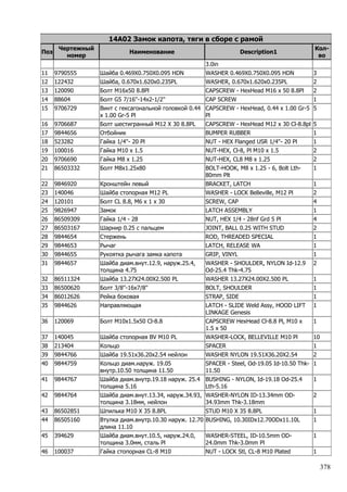 14A02 Замок капота, тяги в сборе с рамой
Поз
Чертежный Кол-
Наименование Description1
номер во
3.0in
11 9790555 Шайба 0.469X0.750X0.095 HDN WASHER 0.469X0.750X0.095 HDN 3
12 122432 Шайба, 0.670x1.620x0.235PL WASHER, 0.670x1.620x0.235PL 2
13 120090 Болт M16x50 8.8Pl CAPSCREW - HexHead M16 x 50 8.8Pl 2
14 88604 Болт G5 7/16''-14x2-1/2'' CAP SCREW 1
15 9706729 Винт с гексагональной головкой 0.44
x 1.00 Gr-5 Pl
CAPSCREW - HexHead, 0.44 x 1.00 Gr-5
Pl
5
16 9706687 Болт шестигранный M12 X 30 8.8PL CAPSCREW - HexHead M12 x 30 Cl-8.8pl 5
17 9844656 Отбойник BUMPER RUBBER 1
18 523282 Гайка 1/4''- 20 Pl NUT - HEX Flanged USR 1/4"- 20 Pl 1
19 100016 Гайка M10 x 1.5 NUT-HEX, Cl-8, Pl M10 x 1.5 2
20 9706690 Гайка M8 x 1.25 NUT-HEX, CL8 M8 x 1.25 2
21 86503332 Болт M8x1.25x80 BOLT-HOOK, M8 x 1.25 - 6, Bolt Lth-
80mm Plt
1
22 9846920 Кронштейн левый BRACKET, LATCH 1
23 140046 Шайба стопорная M12 PL WASHER - LOCK Belleville, M12 Pl 2
24 120101 Болт CL 8.8, M6 x 1 x 30 SCREW, CAP 4
25 9826947 Замок LATCH ASSEMBLY 1
26 86509309 Гайка 1/4 - 28 NUT, HEX 1/4 - 28nf Grd 5 Pl 4
27 86503167 Шарнир 0.25 с пальцем JOINT, BALL 0.25 WITH STUD 2
28 9844654 Стержень ROD, THREADED SPECIAL 1
29 9844653 Рычаг LATCH, RELEASE WA 1
30 9844655 Рукоятка рычага замка капота GRIP, VINYL 1
31 9844657 Шайба диам.внут.12.9, наруж.25.4,
толщина 4.75
WASHER - SHOULDER, NYLON Id-12.9
Od-25.4 Thk-4.75
2
32 86511324 Шайба 13.27X24.00X2.500 PL WASHER 13.27X24.00X2.500 PL 1
33 86500620 Болт 3/8''-16x7/8'' BOLT, SHOULDER 1
34 86012626 Рейка боковая STRAP, SIDE 1
35 9844626 Направляющая LATCH - SLIDE Weld Assy, HOOD LIFT
LINKAGE Genesis
1
36 120069 Болт M10x1.5x50 Cl-8.8 CAPSCREW HexHead Cl-8.8 Pl, M10 x
1.5 x 50
1
37 140045 Шайба стопорная BV M10 PL WASHER-LOCK, BELLEVILLE M10 Pl 10
38 213404 Кольцо SPACER 1
39 9844766 Шайба 19.51х36.20х2.54 нейлон WASHER NYLON 19.51X36.20X2.54 2
40 9844759 Кольцо диам.наруж. 19.05
внутр.10.50 толщина 11.50
SPACER - Steel, Od-19.05 Id-10.50 Thk-
11.50
1
41 9844767 Шайба диам.внутр.19.18 наруж. 25.4
толщина 5.16
BUSHING - NYLON, Id-19.18 Od-25.4
Lth-5.16
1
42 9844764 Шайба диам.внут.13.34, наруж.34.93,
толщина 3.18мм, нейлон
WASHER-NYLON ID-13.34mm OD-
34.93mm Thk-3.18mm
2
43 86502851 Шпилька M10 X 35 8.8PL STUD M10 X 35 8.8PL 1
44 86505160 Втулка диам.внутр.10.30 наруж. 12.70
длина 11.10
BUSHING, 10.30IDx12.70ODx11.10L 1
45 394629 Шайба диам.внут.10.5, наруж.24.0,
толщина 3.0мм, сталь Pl
WASHER-STEEL, ID-10.5mm OD-
24.0mm Thk-3.0mm Pl
1
46 100037 Гайка стопорная CL-8 M10 NUT - LOCK Stl, CL-8 M10 Plated 1
378
 