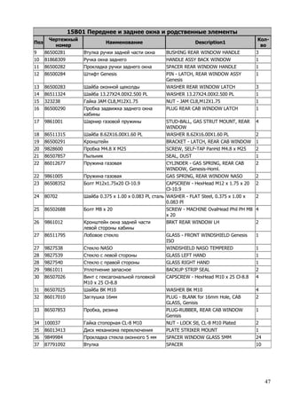 47
15B01 Переднее и заднее окна и родственные элементы
Поз
Чертежный
номер
Наименование Description1
Кол-
во
9 86500281 Втулка ручки задней части окна BUSHING REAR WINDOW HANDLE 3
10 81868309 Ручка окна заднего HANDLE ASSY BACK WINDOW 1
11 86500282 Прокладка ручки заднего окна SPACER REAR WINDOW HANDLE 1
12 86500284 Штифт Genesis PIN - LATCH, REAR WINDOW ASSY
Genesis
1
13 86500283 Шайба оконной щеколды WASHER REAR WINDOW LATCH 3
14 86511324 Шайба 13.27X24.00X2.500 PL WASHER 13.27X24.00X2.500 PL 1
15 323238 Гайка JAM CL8,M12X1.75 NUT - JAM CL8,M12X1.75 1
16 86500290 Пробка задвижка заднего окна
кабины
PLUG REAR CAB WINDOW LATCH 1
17 9861001 Шарнир газовой пружины STUD-BALL, GAS STRUT MOUNT, REAR
WINDOW
4
18 86511315 Шайба 8.62X16.00X1.60 PL WASHER 8.62X16.00X1.60 PL 2
19 86500291 Кронштейн BRACKET - LATCH, REAR CAB WINDOW 1
20 9828600 Пробка M4.8 X M25 SCREW, SELF-TAP PanHd M4.8 x M25 2
21 86507857 Пыльник SEAL, DUST 1
22 86012677 Пружина газовая CYLINDER - GAS SPRING, REAR CAB
WINDOW, Genesis-Homl.
2
22 9861005 Пружина газовая GAS SPRING, REAR WINDOW NASO 2
23 86508352 Болт M12x1.75x20 Cl-10.9 CAPSCREW - HexHead M12 x 1.75 x 20
Cl-10.9
2
24 80702 Шайба 0.375 x 1.00 x 0.083 Pl, сталь WASHER - FLAT Steel, 0.375 x 1.00 x
0.083 Pl
2
25 86502688 Болт M8 x 20 SCREW - MACHINE OvalHead Phil PH M8
x 20
4
26 9861012 Кронштейн окна задней части
левой стороны кабины
BRKT REAR WINDOW LH 2
27 86511795 Лобовое стекло GLASS - FRONT WINDSHIELD Genesis
ISO
1
27 9827538 Стекло NASO WINDSHIELD NASO TEMPERED 1
28 9827539 Стекло с левой стороны GLASS LEFT HAND 1
28 9827540 Стекло с правой стороны GLASS RIGHT HAND 1
29 9861011 Уплотнение запасное BACKUP STRIP SEAL 2
30 86507026 Винт с гексагональной головкой
M10 x 25 Cl-8.8
CAPSCREW - HexHead M10 x 25 Cl-8.8 4
31 86507025 Шайба ВК М10 WASHER BK M10 4
32 86017010 Заглушка 16мм PLUG - BLANK for 16mm Hole, CAB
GLASS, Genisis
2
33 86507853 Пробка, резина PLUG-RUBBER, REAR CAB WINDOW
Genisis
1
34 100037 Гайка стопорная CL-8 M10 NUT - LOCK Stl, CL-8 M10 Plated 2
35 86013413 Диск механизма переключения PLATE STRIKER MOUNT 1
36 9849984 Прокладка стекла оконного 5 мм SPACER WINDOW GLASS 5MM 24
37 87791092 Втулка SPACER 10
 