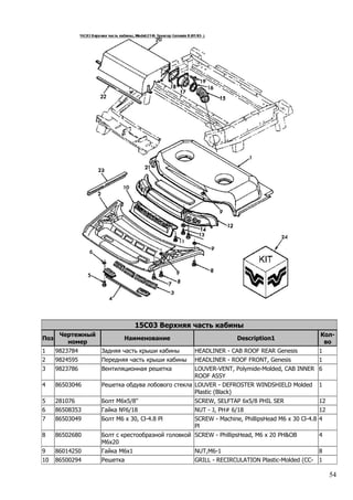54
15C03 Верхняя часть кабины
Поз
Чертежный
номер
Наименование Description1
Кол-
во
1 9823784 Задняя часть крыши кабины HEADLINER - CAB ROOF REAR Genesis 1
2 9824595 Передняя часть крыши кабины HEADLINER - ROOF FRONT, Genesis 1
3 9823786 Вентиляционная решетка LOUVER-VENT, Polymide-Molded, CAB INNER
ROOF ASSY
6
4 86503046 Решетка обдува лобового стекла LOUVER - DEFROSTER WINDSHIELD Molded
Plastic (Black)
1
5 281076 Болт М6х5/8'' SCREW, SELFTAP 6x5/8 PHIL SER 12
6 86508353 Гайка №6/18 NUT - J, PH# 6/18 12
7 86503049 Болт M6 x 30, Cl-4.8 Pl SCREW - Machine, PhillipsHead M6 x 30 Cl-4.8
Pl
4
8 86502680 Болт с крестообразной головкой
M6x20
SCREW - PhillipsHead, M6 x 20 PH&OB 4
9 86014250 Гайка M6х1 NUT,M6-1 8
10 86500294 Решетка GRILL - RECIRCULATION Plastic-Molded (CC- 1
 