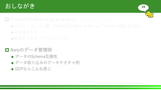 おしながき
 Protocol Buffers vs Apache Avro vs Apache Thrift
パフォーマンス比較 (Protocol Buffers vs Avro vs Thrift vs JSON vs CSV)
何が違うの?
結局どっちをつかえばいいの?
 Avroのデータ管理術
 データのSchema互換性
 データ取り込みのアーキテクチャ例
 GCPならこんな感じ
19
 