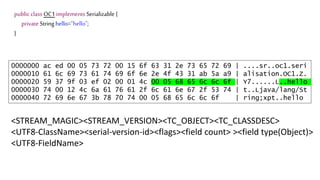 public class OC1 implements Serializable {
private String hello="hello";
}
0000000 ac ed 00 05 73 72 00 15 6f 63 31 2e 73 65 72 69 | ....sr..oc1.seri
0000010 61 6c 69 73 61 74 69 6f 6e 2e 4f 43 31 ab 5a a9 | alisation.OC1.Z.
0000020 59 37 9f 03 ef 02 00 01 4c 00 05 68 65 6c 6c 6f | Y7......L..hello
0000030 74 00 12 4c 6a 61 76 61 2f 6c 61 6e 67 2f 53 74 | t..Ljava/lang/St
0000040 72 69 6e 67 3b 78 70 74 00 05 68 65 6c 6c 6f | ring;xpt..hello
<STREAM_MAGIC><STREAM_VERSION><TC_OBJECT><TC_CLASSDESC>
<UTF8-ClassName><serial-version-id><flags><field count> ><field type(Object)>
<UTF8-FieldName>
 