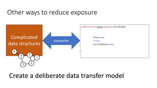 Other ways to reduce exposure
Create a deliberate data transfer model
public final class Packet implements Serializable{
String name;
int size;
List<ChildPacket> kids;
}
Complicated
data structures
converter
 