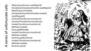 ObjectInputStream.readObject()
AnnotationInvocationHandler.readObject()
Map(Proxy).entrySet()
AnnotationInvocationHandler.invoke()
LazyMap.get()
ChainedTransformer.transform()
ConstantTransformer.transform()
InvokerTransformer.transform()
Method.invoke()
Class.getMethod()
InvokerTransformer.transform()
Method.invoke()
Runtime.getRuntime()
InvokerTransformer.transform()
Method.invoke()
Runtime.exec()
Aseriesofunfortunatecalls
 