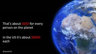 That’s about $600 for every
person on the planet
In the US it’s about $8000
each
@spoole167
 