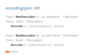 encoding/json: API
func NewDecoder(r io.Reader) *Decoder
func (dec *Decoder)
Decode(v interface{}) error
func NewEncoder(w...