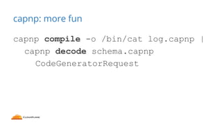 go-capnproto: Generated code
import C "github.com/jmckaskill/go-capnproto"
type Log C.Struct
func NewRootLog(s *C.Segment)...