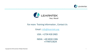 Copyright @ 2018 Learntek. All Rights Reserved. 21
For more Training Information , Contact Us
Email : info@learntek.org
USA : +1734 418 2465
INDIA : +40 4018 1306
+7799713624
 