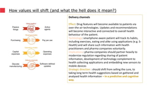 How values will shift (and what the hell does it mean?)
Delivery channels
Effect: Drug features will become available to patients via
over-the-air technologies. Updates and recommendations
will become interactive and connected to overall health
behaviour of the patient.
Technology: smartphone aware patient will track its habits,
including exercises, eating and alike using applications (e.g. S-
Health) and will share such information with health
practitioners and pharma companies voluntarily.
Implications: pharma companies should partner heavily to
modernize regulation regarding sharing of patient
information, development of technology complement to
health collecting applications and embedding new sensors to
mobile devices
Strategic direction : should shift from selling the cure, to
taking long term health suggestions based on gathered and
analysed health information – in a predictive and cognitive
way.
 