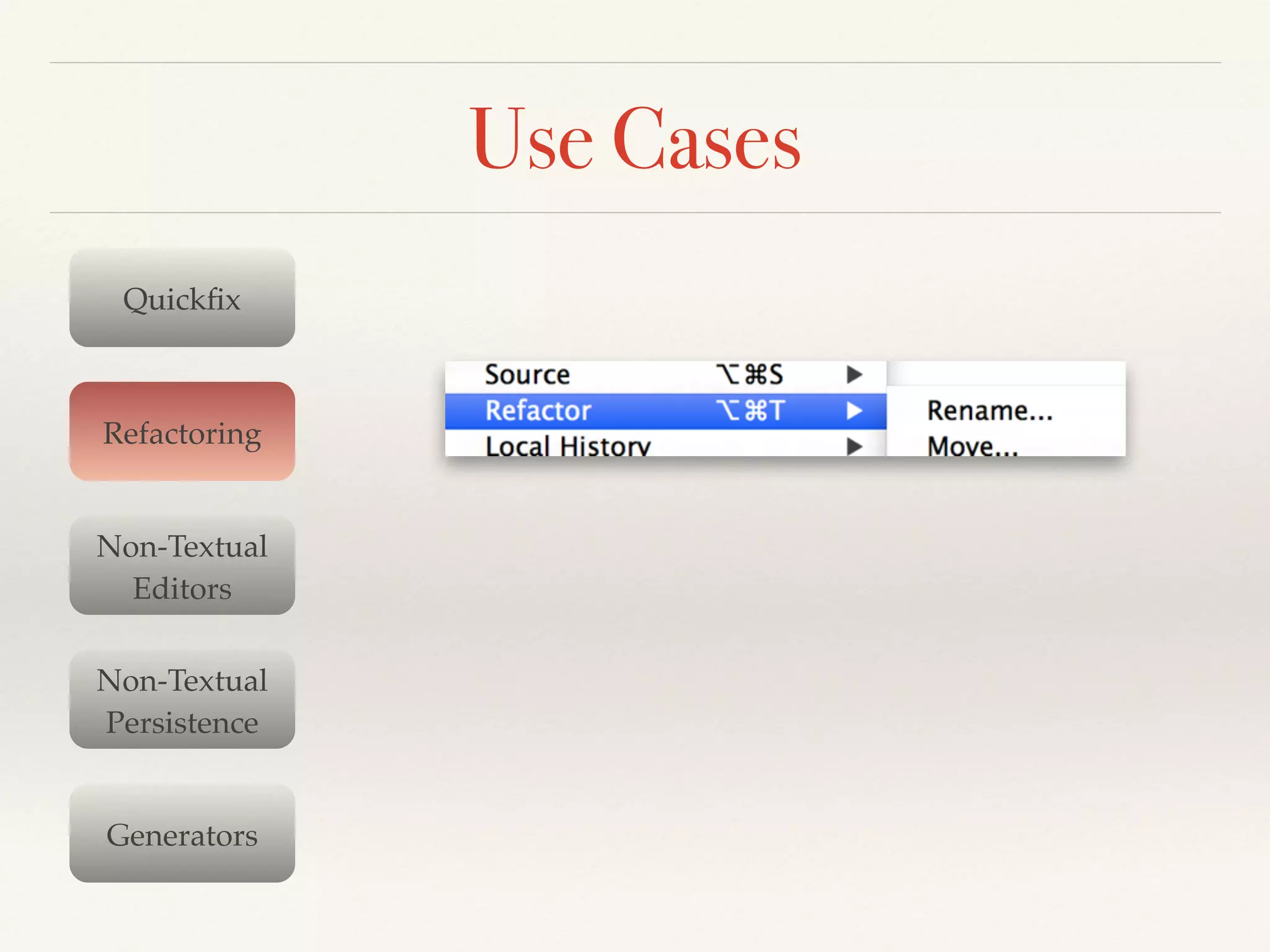 Use Cases
Quickﬁx
Refactoring
Non-Textual !
Editors
Non-Textual!
Persistence
Generators
 