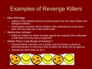Examples of Revenge Killers
• Ellen Etheridge
– Jealous of the attention that her husband paid to her four step children (his
biological children)
– Used arsenic to poison all four children. She poisoned two at the same
time, then the other two a few months later
• Martha Ann Johnson
– Killed her children to obtain revenge against her husband. She suffocated
a child each time they had an argument.
• Martha Wise (“Lady Borgia of America”)
– Poisoned family members and a pastor, and burnt down a church to
eliminate barriers to marrying a man of whom her family did not approve.
– Claimed the devil made her do it
 