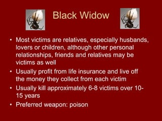 Black Widow
• Most victims are relatives, especially husbands,
lovers or children, although other personal
relationships, friends and relatives may be
victims as well
• Usually profit from life insurance and live off
the money they collect from each victim
• Usually kill approximately 6-8 victims over 10-
15 years
• Preferred weapon: poison
 