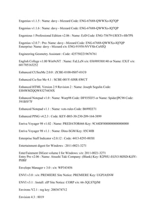 Engenius v1.1.5 : Name: davy - blizzard Code: ENG-67688-QWWXo-IQ7QP

Engenius v1.1.6 : Name: davy - blizzard Code: ENG-67688-QWWXo-IQ7QP

Engenious 1 Professional Edition v2.06 : Name: EzD Code: ENG-75679-URXTv-Hb7PS

Engenius v2.0.7 : Pro: Name: davy - blizzard Code: ENG-67688-QWWXo-IQ7QP
Enterprise: Name: davy - blizzard s/n: ENG-91958-NVYSh-Cu9ZQ

Engineering Geometry Assistant : Code: 4257502219676761

English College v1.00 Win9xNT : Name: FaLLeN s/n: 036989388140 or Name: EXiT s/n:
601705163252

Enhanced CUSeeMe 2.0.0 : ZCBE-0100-0S07-01C0

Enhanced Cu-See Me 4.1 : SCBE-001Y-0J8R-SWCT

Enhanced HTML Version 2.9 Revision 2 : Name: Joseph Segulin Code:
EH4WM2QQW83274434X

Enhanced Notepad v1.0 : Name: Warp98 Code: DF935EF5 or Name: Spider]PC98 Code:
591B5F7F

Enhanced Notepad v1.1 : Name: vots rules Code: B699EE71

Enhanced PING v4.2.3 : Code: KEY-B03-30-230-209-164-3899

Enriva Voyager 98 v1.02 : Name: PREDATOR666 Key: 9C44DF0000000000000000

Enriva Voyager 98 v1.1 : Name: Dino-SGM Key: 85C40B

Enterprise Staff Indicator v2.0.12 : Code: 4413-8293-003H

Entertainment digest for Windows : 2011-0021-3271

EnterTainment DiGest volume I for Windows: s/n: 2011-0021-3271
Entry Pro v2.06 : Name: Atsushi Taki Company: (Blank) Key: R2PHU-EGVJ-MJSD-KJJY-
PHRF

Envelope Manager v 3.0 : s/n: WP343456

ENVI v3.0 : s/n: PREMIERE Site Notice: PREMIERE Key: UGPJASNW

ENVI v3.1 : Install: zIP Site Notice: CORP s/n: 66-3QLS7QJM

Environs V2.1 : reg key: 2003674712

Envision 4.3 : 8019
 