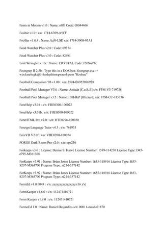 Fonts in Motion v1.0 : Name: n03l Code: 08044466

Foobar v1.0 : s/n: 1714-6309-A5CF

FooBar v1.0.4 : Name: kaN-LSD s/n: 1714-5008-95A1

Food Watcher Plus v2.0 : Code: 69374

Food Watcher Plus v3.0 : Code: 82981

Font Wrangler v1.0c : Name: CRYSTAL Code: FNNwPb

Foongrep II 2.5b : Type this in a DOS box: foongrep.exe -+
win:kmrhrgksjhlvhmhpihtnwpwnmkptrm "Krohne"

Football Companion '98 v1.00 : s/n: 2594426955896928

Football Pool Manager V3.0 : Name: Attiude [C.o.R.E] s/n: FPM-V3-719758

Football Pool Manager v3.5 : Name: IBH-RiP [Blizzard] s/n: FPM-CC-185736

ForeHelp v3.01 : s/n: FHE0300-100022

ForeHelp v3.01b : s/n: FHE0300-100022

ForeHTML Pro v2.0 : s/n: HTE0296-100030

Foreign Language Tutor v4.3 : s/n: 761933

ForeVB V2.0f : s/n: VBE0200-100054

FORGE Dark Room Pro v2.0 : s/n: spo256

Forkeeps v3.6 : License: Denise S. Harvé License Number: 1589-114230 License Type: D45-
é795-M361308

ForKeeps v3.91 : Name: Brian Jones License Number: 1655-118916 License Type: B33-
S207-M363700 Program Type: zi214-357142

ForKeeps v3.92 : Name: Brian Jones License Number: 1655-118916 License Type: B33-
S207-M363700 Program Type: zi214-357142

FormEd v1.0.0048 : s/n: zzzzzzzzzzzzzzzz (16 z's)

FormKeeper v1.8.0 : s/n: 112471410721

Form Keeper v1.9.0 : s/n: 112471410721

FormoEd 1.0 : Name: Daniel Desjardins s/n: 00011-mcab-01870
 