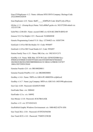 Gear CD Replicator v1.2 : Name: c0rleone HTG/DVN Company: Heritage Code:
2522246043242038

Gear Replicator v2.0 : Name: BaRT_____SiMPSoN Code: KfaZT{efj-o2Wyrc

GEcho v1.11 : (Gsetup Keys) Name: TeLLeRBoP gecho s/n: 3821572508 mbutil s/n:
1521357198

Gelit/Win v2.00.028 : Name: escom/CORE s/n: 0234-B2-200670-BF02-69

Genesis V2.2 For Delphi-1/2/3 : Password: TLIMSISNW

Genetic Programming Control V1.0 : Key: 127364823 s/n: 182057394

GenGuid v1.0 For MS DevStudio 5.0 : Code: 9956897

GenGuid v1.0 For MS Visual Studio 6.0 : Code: 9956897

Genius Family Tree v1.51 : Name: DKA Inc. s/n: 1982 0319 2171

GenObj v1.0 : Name: Milk Man -FCN 98 Code: GENO52E0B6 Key:
898D8A81FD060C0102047FF66EEA6C85F4609386FD70E466E4
2063D6281B65DA58D25BB9DB484AC2C1B0ACA39BEB131072F7
1B0A1505729FD15DA0

Genuine Fractals v2.0 : s/n: DR1000200011

Genuine Fractals PrintPro v1.0 : s/n: DR2000200001

GeoBoy v1.4.6 : Name: TRPS s/n: GB14-PC-00002956-xxfpklicod

GeoBoy v1.4.7 : Name: jog Company: MFD s/n: GB13-01-14031998-pdoxsiznta

Geo Calc v4.88 : Password: 6JLB563Y588D

GeoFinder Data : s/n: 3000442

GeoFinder v2.1a : s/n: 100992

Geo Mosaic v3.10 : Password: JE3G7B61L82K

GeoNav v1.9 : s/n: 557185431631

GeoPublish Graphic Windows Environement: s/n: 1000-0022-0278-1056

Geo Track DLL v3.01 : Password: 6Y5P2T65N65M

Geo Track OCX v1.01 : Password: 77H89T123W2R
 
