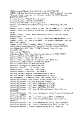 AMS Aeronautical Mapping System 06.00.02.01: s/n: 99998735003821
AMS Pro v2.2 : Start the registration program and choose "100 Year License". Now use the
"Reference Number" to generate a key <Reference Number>-1234567890. Example:
2C6B09ED-1234567890
A Musical Generator v0.9.2.219 : Code: Beta Tester
A Musical Generator v2.0.0.288 : s/n: 00000000
Ana-log v3.0 For Win95/NT : Password: pOio783T
Anawave CoolCat 4.0B1 : Name: Petroc Gornay s/n: CAT4000026 RegCode: 2062-
ECA-6785A
Anawave Coolcat v4.0 beta 3 : Name: RAGGER/CORE s/n: 1998 Code: 1057-E6B6-EDCB
Anawave CoolCat v4.01 : Name: William Noonan s/n: CAT4001485 Code: 1C7A-20F-
AE2E3
Anawave Gravity v1.1 Win95 : Name: Jestrz/Phrozen Crew '97 s/n: 6172848 regcode:
44R8494-4564-242247
Anawave Gravity V1.1b : Name: [-ONYX-] s/n: 12345 License: 44X5494-4534-229229
Anawave Gravity v1.1b2 : Name: iCEMAN [uCF] s/n: ICE666-PUNK-666UCF RegCode:
44AP222-9724-486243
Anawave Gravity : Name: Vikings s/n: ABCDEFUL RegKey: AAA8-9968-8B73
AnDan Software Message Generator Version 1.20: Name: Riz la+ Code: 0DD7D39C
Anders Power Tools v1.02 : Name: TUC PC99 Company: Phrozen Crew s/n:
96106103114931
Andor v1.0 : s/n: ANDR2291
Anders Power Tools v1.02 : Name: Dracs Company: Crystal s/n: 10611310710889
Andromeda 3D Series II : 5M30400120-0441
Andromeda Deluxe v3.0 : s/n: 8P21103658-4949
Andromeda Measurement Filter for Photoshop : s/n: 8P81150004-0184
Andromeda Series 3 Screen Filter : s/n: 8P31250102-0417
Andromeda Shadow Filter : s/n: 8P51050073-0351
Andromeda Velociraptor : s/n: 7P10210439-3367
Andromeda Varifocus v1.1 : s/n: 8P61050127-1204
AnetHelpTool 4.02 : Name: Riz la+ Code: 5400954
AnetHelpTool v4.05 : Name: Riz la+ Code: 5400954
Anet Help Tool v4.50 : RegNum: WBA048 Password: 942696578
Anet Help Tool v4.52 : RegNum: WBA048 Password: 942696578
Anet Image Gallery v2.0 : RegNum: SiraX/CORE Password: JJrBr6VTL4
Animagic GIF Animator : Name: Freeware Version Company: - s/n: 1CEE662F
Animagic Gif Animator v0.9 : Name: Marquis s/n: 55cde3b9
Animagic Gif Animator v0.92b : Name: Darklord s/n: 1F23A7BD
Animagic Gif Animator v0.92b : Name: Darklord s/n: 1F23A7BD
Animagic Gif Animator v0.95 : Name: rANDOM s/n: 35353C8B
Animagic Gif Animator v1.00b : Name: Byte Ripper Company: Phrozen Crew s/n:
58A3AC33
Animagic Gif Animator v1.00b : Name: Free Registered Version Company: Free Registered
Version s/n: 480FFB97
Animagic Gif Animator v1.00b : Name: PC97 Company: PC97 s/n: E95E3BAF
Animagic Gif Animator v1.00b : Name: razzia [pc97] Company: razzia [pc97] s/n:
9A9995A7
Animagic Gif Animator v1.02a : Name: DARKLORD Company: GRS s/n: F60248B
Animagic Gif Animator v1.02a : Name: MiRaMaX Company: Rebels s/n: 405BA82B
Animagic Gif Animator v1.4 : Name: delphic Company: dng s/n: 88DB6CDF
 