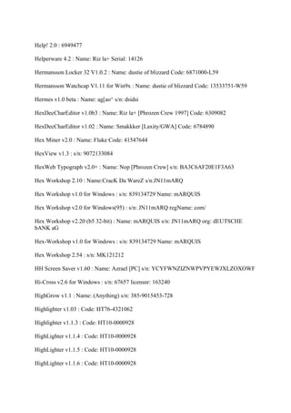 Help! 2.0 : 6949477

Helperware 4.2 : Name: Riz la+ Serial: 14126

Hermansson Locker 32 V1.0.2 : Name: dustie of blizzard Code: 6871000-L59

Hermansson Watchcap V1.11 for Win9x : Name: dustie of blizzard Code: 13533751-W59

Hermes v1.0 beta : Name: ag[ao^ s/n: dsidsi

HexDecCharEditor v1.0b3 : Name: Riz la+ [Phrozen Crew 1997] Code: 6309082

HexDecCharEditor v1.02 : Name: Smakkker [Laxity/GWA] Code: 6784890

Hex Miner v2.0 : Name: Fluke Code: 41547644

HexView v1.3 : s/n: 9072133084

HexWeb Typograph v2.0+ : Name: Nop [Phrozen Crew] s/n: BA3C6AF20E1F3A63

Hex Workshop 2.10 : Name:CracK Da WareZ s/n:JN11mARQ

Hex Workshop v1.0 for Windows : s/n: 839134729 Name: mARQUIS

Hex Workshop v2.0 for Windows(95) : s/n: JN11mARQ regName: com/

Hex Workshop v2.20 (b5 32-bit) : Name: mARQUIS s/n: JN11mARQ org: dEUTSCHE
bANK aG

Hex-Workshop v1.0 for Windows : s/n: 839134729 Name: mARQUIS

Hex Workshop 2.54 : s/n: MK121212

HH Screen Saver v1.60 : Name: Azrael [PC] s/n: YCYFWNZIZNWPVPYEWJXLZOXOWF

Hi-Cross v2.6 for Windows : s/n: 67657 licensnr: 163240

HighGrow v1.1 : Name: (Anything) s/n: 385-9015453-728

Highlighter v1.03 : Code: HT76-4321062

Highlighter v1.1.3 : Code: HT10-0000928

HighLighter v1.1.4 : Code: HT10-0000928

HighLighter v1.1.5 : Code: HT10-0000928

HighLighter v1.1.6 : Code: HT10-0000928
 