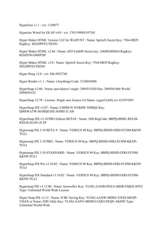 HyperGen v1.1 : s/n: 1149077

Hyperion Wired for OLAP v4.0 : s/n: 1703199905187541

Hyper Maker HTML Version 2.62 for Win95/NT : Name: SpriteX Secret Key: 7564-0B29
RegKey: SEGDPFEUTKNO

Hyper Maker HTML v2.64 : Name: n03l Faith98 Secret key: 246802468024 RegKey:
KOJZFWAMHPXP

Hyper Maker HTML v3.0 : Name: SpriteX Secret Key: 7564-0B29 RegKey:
SEGDPFEUTKNO

Hyper Pong v2.0 : s/n: 546-8923740

Hyper Reader v1.1 : Name: (Anything) Code: 2128043080

HyperSnap v2.60 : Name: providence! single: 2094551020 Site: 2094501868 World:
2094436322

HyperSnap v2.70 : License: Single user licence (1) Name: xygorf [cb4] s/n: 633474307

HyperSnap DX v3.07 : Name: CRPBUN XVRBW THDQZ Key:
QMSWATW:MARQUISE:SOIRE-E:AB

HyperSnap DX v3.10 PRO Edition BETA8 : Name: iND RegCode: BRPQ-BDSC-RELM-
RXUB-ZLOY-JLTP

Hypersnap DX 3.10 BETA 9 : Name: VERSUS 98 Key: BRPQ-BDSD-IXRJ-FCHM-KKNP-
TULI

Hypersnap DX 3.10 PRO : Name: VERSUS 98 Key: BRPQ-BDSD-IXRJ-FCHM-KKNP-
TULI

Hypersnap DX 3.10 STANDARD : Name: VERSUS 98 Key: BRPQ-BDSD-IXRJ-FCHM-
KKNP-TULI

HyperSnap DX Pro v3.10.02 : Name: VERSUS 98 Key: BRPQ-BDSD-IXRJ-FCHM-KKNP-
TULI

HyperSnap DX Standard v3.10.02 : Name: VERSUS 98 Key: BRPQ-BDSD-IXRJ-FCHM-
KKNP-TULI

Hypersnap DX v3.12.00 : Name: knoweffex Key: YLNG-AANB-ONZA-SBSR-FQKH-JOTZ
Type: Unlimited World Wide License

Hyper Snap DX v3.13 : Name: ICBC Saving Key: YLNG-AANW-MDSU-EXSS-MEHP-
VDAX or Name: EDU Only Key: YLNG-AANV-MHWZ-UQEI-NFQF-AKDW Type:
Unlimited World-Wide
 