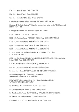 ICal v2.3 : Name: Warp98 Code: C0002325

ICal v2.4 : Name: Warp98 Code: C0002325

ICal v2.5 : Name: BaRT SiMPSoN Code: R0005897

iCatalog v2.00 : Name: project Password: 2ED2EF2F4-297B-70726F

iCatalog v2.40 : Go to Catalog/Utilities/Set Password and enter: Login: TRPS Password:
817819-3E38-5452

iCatalog v2.62 : Name: zoin Password: 830836-3E38-7A6F

ICCD CD Player v3.1a : s/n: ICCD30220572

ICCD 3.3 : RegCode Name: PHROZEN CREW Code: ICCD3037537703233

ICCD v4.0 build 537 : Name: WIZDAZ Code: ICCD3765073

ICCD v4.0 build 541 : Name: WIZDAZ Code: ICCD3765073

ICCD v4.0 build 543 : Name: WIZDAZ Code: ICCD3765073

ICCD v4.0 Build 549 Win9X/NT : Name: BLACKSTAR TRPS Code:
ICCD372865097358923

ICCD v4.1.568 : Name: BLACKSTAR TRPS Code: ICCD372865097358923 or Name:
DRAXXTER Code: ICCD307877243

ICE.TCP Pro v5.0 : Name: PREMiERE Key: 8880000223221

ICE TCP Pro v5.0.53 : Name: TCHAN Key: 8880000223221

Ice View v3.3 : Name: UNICITY s/n: 12341234123456504C474E5A60

IceWare Messenger v3.0 : Name: davy - blizzard s/n:
MS64617679202D20626C697A7A617264

ICEWARE Windows Access Menu v3.5 : Name: Terry Georgi Code:
WAM354657272792047656F726769

Ice Zmodem v1.02 : Name: Potman '95 s/n: 1306561065

Ice Zmodem v6.0 beta : Name: SLA s/n: 1-49282-84275

Ice-Zmodem v1.1 : Name: tHATDUDE Reg: I8AIABIKCCMDGDEEGKDKD

IceZModem v.+6 for Dos : Name: SLA s/n: 14928284275

IceZModem v1.02 for Dos : Name: Potman '95 s/n: 1306561065
 