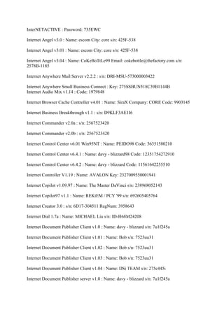 InterNETACTIVE : Password: 735EWC

Internet Angel v3.0 : Name: escom City: core s/n: 425F-538

Internet Angel v3.01 : Name: escom City: core s/n: 425F-538

Internet Angel v3.04 : Name: CoKeBoTtLe99 Email: cokebottle@thefactory.com s/n:
2578B-1185

Internet Anywhere Mail Server v2.2.2 : s/n: DRI-MSU-573000003422

Internet Anywhere Small Business Connect : Key: 275SSBUN518C39B1144B
Internet Audio Mix v1.14 : Code: 1979848

Internet Browser Cache Controller v4.01 : Name: SiraX Company: CORE Code: 9903145

Internet Business Breakthrough v1.1 : s/n: D9KLF3AE1I6

Internet Commander v2.0a : s/n: 2567523420

Internet Commander v2.0b : s/n: 2567523420

Internet Control Center v6.01 Win95NT : Name: PEIDO98 Code: 36351580210

Internet Control Center v6.4.1 : Name: davy - blizzard98 Code: 12351754272910

Internet Control Center v6.4.2 : Name: davy - blizzard Code: 11561642255510

Internet Controller V1.19 : Name: AVALON Key: 2327009550001941

Internet Copilot v1.09.97 : Name: The Master DaVinci s/n: 238968052143

Internet Copilot97 v1.1 : Name: REKiEM / PCY '99 s/n: 692605405764

Internet Creator 3.0 : s/n: 6D17-304511 RegNum: 3958643

Internet Dial 1.7a : Name: MICHAEL Liu s/n: ID-H68M24208

Internet Document Publisher Client v1.0 : Name: davy - blizzard s/n: 7u1f245a

Internet Document Publisher Client v1.01 : Name: Bob s/n: 7523uu31

Internet Document Publisher Client v1.02 : Name: Bob s/n: 7523uu31

Internet Document Publisher Client v1.03 : Name: Bob s/n: 7523uu31

Internet Document Publisher Client v1.04 : Name: DSi TEAM s/n: 275c445i

Internet Document Publisher server v1.0 : Name: davy - blizzard s/n: 7u1f245a
 