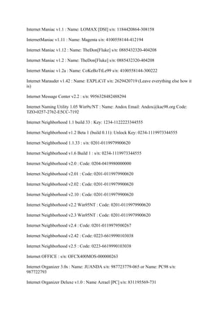 Internet Maniac v1.1 : Name: LOMAX [DSI] s/n: 1184420864-308158

InternetManiac v1.11 : Name: Magenta s/n: 4100558144-412194

Internet Maniac v1.12 : Name: TheDon[Fluke] s/n: 0885432320-404208

Internet Maniac v1.2 : Name: TheDon[Fluke] s/n: 0885432320-404208

Internet Maniac v1.2a : Name: CoKeBoTtLe99 s/n: 4100558144-300222

Internet Marauder v1.42 : Name: EXPLiCiT s/n: 2629420719 (Leave everything else how it
is)

Internet Message Center v2.2 : s/n: 9956328482488294

Internet Naming Utility 1.05 Win9x/NT : Name: Andox Email: Andox@kac98.org Code:
TZO-0257-2762-E5CC-7192

Internet Neighborhood 1.1 build 33 : Key: 1234-1122223344555

Internet Neighborhood v1.2 Beta 1 (build 0.11): Unlock Key: 0234-1119973344555

Internet Neighborhood 1.1.33 : s/n: 0201-0119979900620

Internet Neighborhood v1.6 Build 1 : s/n: 0234-1119973344555

Internet Neighborhood v2.0 : Code: 0204-0419980000000

Internet Neighborhood v2.01 : Code: 0201-0119979900620

Internet Neighborhood v2.02 : Code: 0201-0119979900620

Internet Neighborhood v2.10 : Code: 0201-0119979900620

Internet Neighborhood v2.2 Win95NT : Code: 0201-0119979900620

Internet Neighborhood v2.3 Win95NT : Code: 0201-0119979900620

Internet Neighborhood v2.4 : Code: 0201-0119979500267

Internet Neighborhood v2.42 : Code: 0223-6619990103038

Internet Neighborhood v2.5 : Code: 0223-6619990103038

Internet OFFICE : s/n: OFCX400MOS-000000263

Internet Organizer 3.0s : Name: JUANDA s/n: 987723779-065 or Name: PC98 s/n:
987722793

Internet Organizer Deluxe v1.0 : Name Azrael [PC] s/n: 831195569-731
 