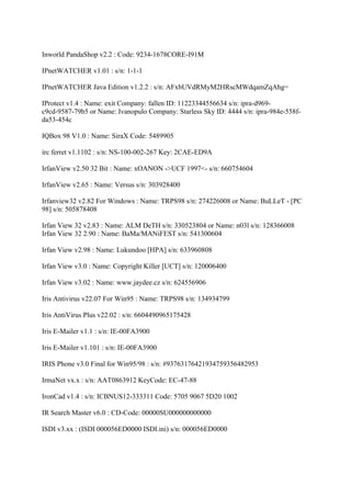 Inworld PandaShop v2.2 : Code: 9234-1678CORE-I91M

IPnetWATCHER v1.01 : s/n: 1-1-1

IPnetWATCHER Java Edition v1.2.2 : s/n: AFxbUVdRMyM2HRscMWdqamZqAhg=

IProtect v1.4 : Name: exit Company: fallen ID: 11223344556634 s/n: ipra-d969-
c9cd-9587-79b5 or Name: Ivanopulo Company: Starless Sky ID: 4444 s/n: ipra-984e-558f-
da53-454c

IQBox 98 V1.0 : Name: SiraX Code: 5489905

irc ferret v1.1102 : s/n: NS-100-002-267 Key: 2CAE-ED9A

IrfanView v2.50 32 Bit : Name: xOANON ->UCF 1997<- s/n: 660754604

IrfanView v2.65 : Name: Versus s/n: 303928400

Irfanview32 v2.82 For Windows : Name: TRPS98 s/n: 274226008 or Name: BuLLeT - [PC
98] s/n: 505878408

Irfan View 32 v2.83 : Name: ALM DeTH s/n: 330523804 or Name: n03l s/n: 128366008
Irfan View 32 2.90 : Name: BaMa/MANiFEST s/n: 541300604

Irfan View v2.98 : Name: Lukundoo [HPA] s/n: 633960808

Irfan View v3.0 : Name: Copyright Killer [UCT] s/n: 120006400

Irfan View v3.02 : Name: www.jaydee.cz s/n: 624556906

Iris Antivirus v22.07 For Win95 : Name: TRPS98 s/n: 134934799

Iris AntiVirus Plus v22.02 : s/n: 6604490965175428

Iris E-Mailer v1.1 : s/n: IE-00FA3900

Iris E-Mailer v1.101 : s/n: IE-00FA3900

IRIS Phone v3.0 Final for Win95/98 : s/n: #93763176421934759356482953

IrmaNet vx.x : s/n: AAT0863912 KeyCode: EC-47-88

IronCad v1.4 : s/n: ICBNUS12-333311 Code: 5705 9067 5D20 1002

IR Search Master v6.0 : CD-Code: 00000SU000000000000

ISDI v3.xx : (ISDI 000056ED0000 ISDI.ini) s/n: 000056ED0000
 