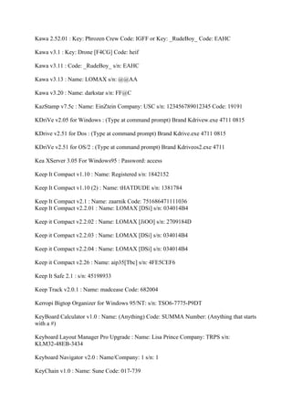 Kawa 2.52.01 : Key: Phrozen Crew Code: IGFF or Key: _RudeBoy_ Code: EAHC

Kawa v3.1 : Key: Drone [F4CG] Code: heif

Kawa v3.11 : Code: _RudeBoy_ s/n: EAHC

Kawa v3.13 : Name: LOMAX s/n: @@AA

Kawa v3.20 : Name: darkstar s/n: FF@C

KazStamp v7.5c : Name: EinZtein Company: USC s/n: 123456789012345 Code: 19191

KDriVe v2.05 for Windows : (Type at command prompt) Brand Kdrivew.exe 4711 0815

KDrive v2.51 for Dos : (Type at command prompt) Brand Kdrive.exe 4711 0815

KDriVe v2.51 for OS/2 : (Type at command prompt) Brand Kdriveos2.exe 4711

Kea XServer 3.05 For Windows95 : Password: access

Keep It Compact v1.10 : Name: Registered s/n: 1842152

Keep It Compact v1.10 (2) : Name: tHATDUDE s/n: 1381784

Keep It Compact v2.1 : Name: zaarnik Code: 751686471111036
Keep It Compact v2.2.01 : Name: LOMAX [DSi] s/n: 034014B4

Keep it Compact v2.2.02 : Name: LOMAX [JiOO] s/n: 2709184D

Keep it Compact v2.2.03 : Name: LOMAX [DSi] s/n: 034014B4

Keep it Compact v2.2.04 : Name: LOMAX [DSi] s/n: 034014B4

Keep it Compact v2.26 : Name: aip35[Tbc] s/n: 4FE5CEF6

Keep It Safe 2.1 : s/n: 45198933

Keep Track v2.0.1 : Name: madcease Code: 682004

Kerropi Bigtop Organizer for Windows 95/NT: s/n: TSO6-7775-P9DT

KeyBoard Calculator v1.0 : Name: (Anything) Code: SUMMA Number: (Anything that starts
with a #)

Keyboard Layout Manager Pro Upgrade : Name: Lisa Prince Company: TRPS s/n:
KLM32-48EB-3434

Keyboard Navigator v2.0 : Name/Company: 1 s/n: 1

KeyChain v1.0 : Name: Sune Code: 017-739
 