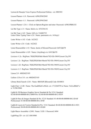 Lernout & Hauspie Voice Express Professional Edition : s/n: 0003301

Lesson Planner v1.0 : Password: AJWLP9432845

Lesson Planner v1.1 : Password: AJWLP9432845

Lesson Planner 1.2.0.1 : Click on Options/Register and enter: Password: AJWLPBRUCE

Let Me Type v1.5 : Name: Klefz s/n: 1072356152

Let Me Type v1.62 : Name: GZI s/n: 516082735
Letter Chase Typing Tutor v2.0 : Name: panoramix s/n: 1414yty1

Letter Writer v1.02 : Code: 1622422

Letter Writer v2.0 : Code: 1622422

Letun Disassembler v1.0 : Name: dustie of blizzard Password: G6Y2&678

Letun Disassembler v1.05 : Name: (Anything) s/n: G6Y2&678

Lexicon v1.2a : RegNum: TKKZFKH/Bob Marsh/702-926-3969/Carson City,NV

Lexicon 1.2c : RegNum: TKKZFKH/Bob Marsh/702-926-3969/Carson City,NV

Lexicon 1.2d : RegNum: TKKZFKH/Bob Marsh/702-926-3969/Carson City,NV

Lexicon v1.3 : RegNum: TKKZFKH/Bob Marsh/702-926-3969/Carson City,NV

Liason 2.0 : 40026825185

LiaSon v2.0 or 3.0 : s/n: 40026825185

Library Book Search v2.01 : Name: IBH-RiP [Blizzard] Code: B160831

Light Chat +v1.00 : Name: The GuaRDiaN aNGeL s/n: 1712260759 or Name: TeLLeRBoP s/
n: 3129619046

LightLib 3D Business Graphics Server Standard & Pro V2.0: Standard:
02-40-00-00-000000-00-2-D009 Pro: 02-80-00-00-000000-00-2-5EE9

LightLib Docs & Images Standard & Pro. V2.0: Standard: 01-40-00-00-000000-00-2-D16F
Professional: 01-80-00-00-000000-00-2-5F8F

LightLib Layers & Vectors Standard & Pro. V2.0: Standard: 08-40-00-00-000000-00-2-5451
Professional: 08-80-00-00-000000-00-2-DAB1

Light Macro Assembler v2.09J : Name: X ID: 1 Password: 8494

LightNing CD : s/n: LC110014980
 
