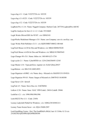 Log-a-Jog v3.1 : Code: V22272726 s/n: 103339

Log-a-Jog v3.1 d1221 : Code: V22272726 s/n: 103339

Log-a-Jog v3.2 : Code: V22272726 s/n: 103339

LogBook Pro v1.3.4 : Name: Niggah Company: Harlem Code: 287739-LogbookPro-AB-NC

LogFile Analyzer for Serv-U v1.1.2 : Code: 55310469

Logik Works ERwin/ERX for 95/NT : s/n: ER963101

LogicWorks Modelmart Manager v3.0 : Name: zen Company: zen s/n: zen Key: zen

Logic Works Web Publisher v3.5.1 : s/n: KKW300R7100052-100-468

LogiTech Mouse v6.30 for Dos and Windows: s/n: MBAI 008965T630

LogiTech Mouse v6.43b for Dos and Windows: s/n: MBAI 013904T643

Logo Changer 98 v5.0 : Name: fallen s/n: 1481489-LC5-1734

Logo cycler 2.1 : Name: CyberMTIO s/n: 1234-2366356695-12345

Logo Master v3.0 : Type perl2exe -register s/n: ExEd! [Dsi],20527

LogoMotion : s/n: 004-5181-0485-0953

Logo Organizer v4.00b2 : s/n: Name: davy - blizzard s/n: BA030315111F45C6

Logo Organizer 98 4.0 : Name: fungus of blizzard s/n: D487F43114140308

Logo-Saver v2.0 : farwell

LogTick 4.5 : Name: Steve Hsu s/n: 3186706961

LoKon v2.36 : Name: Sune / KAC 1999 CodeL: 24816 CodeR: 29846

LookOut v2.1 : s/n: 1996199619961996

Look RS232 Pro v3.1 : Code: 23456

Looney Ladyrinth Pinball for Windows : s/n: 1608LLW103892-U1

Looney Tunes Screen Saver : s/n: ZQA-35600-2587

Lord GamBling Casino : first: The GuaRDiaN aNGeL last: G.!.$ bbs: G.!.$ s/n:
21GI82TK1QO24PR1QO24PRJDS584
 